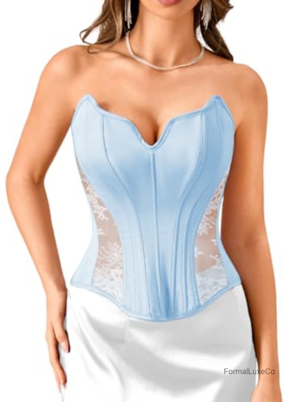 Satin Sheer Lace Panel Strapless Corset Top Sweetheart Neck Boned Lace-Up